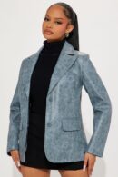 Saco de Cuero Sintético Lavado con Botones - Azul