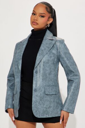 Saco de Cuero Sintético Lavado con Botones - Azul
