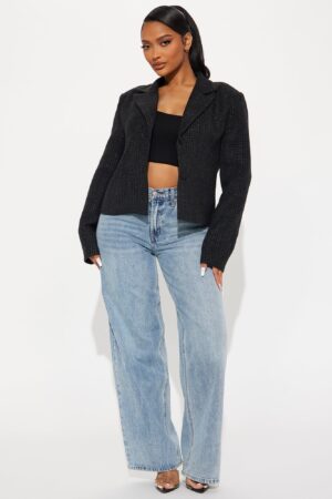 Blazer de Tweed con Cuello Solapa y Botones - Negro