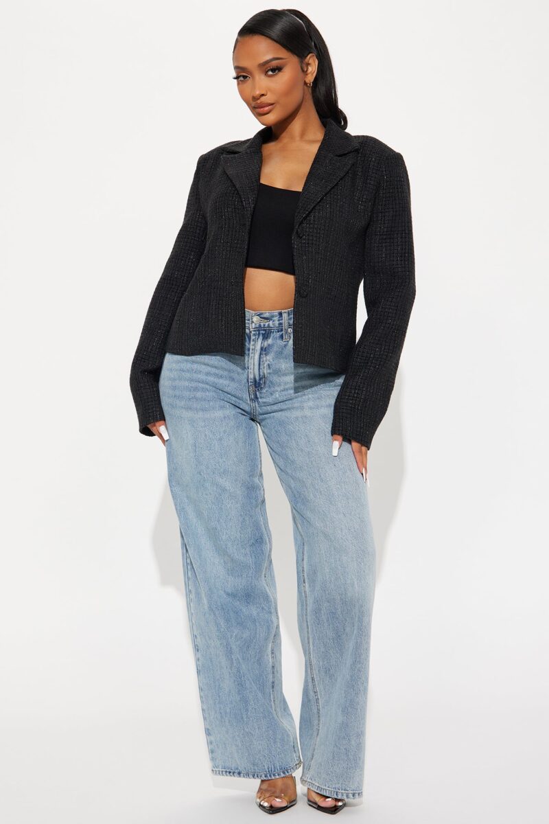 Blazer de Tweed con Cuello Solapa y Botones - Negro