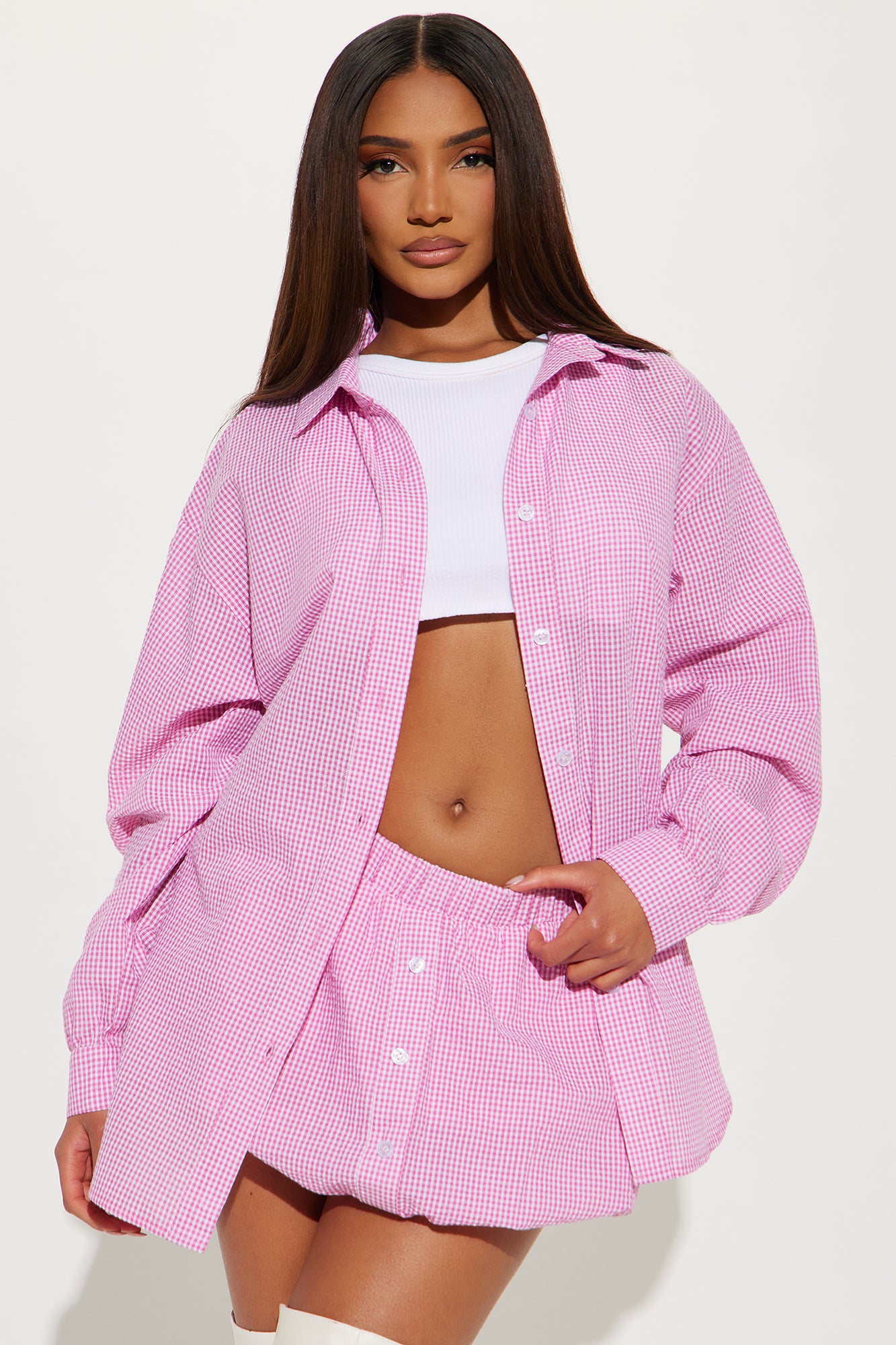 Conjunto de Falda Burbuja y Camisa en Rosa
